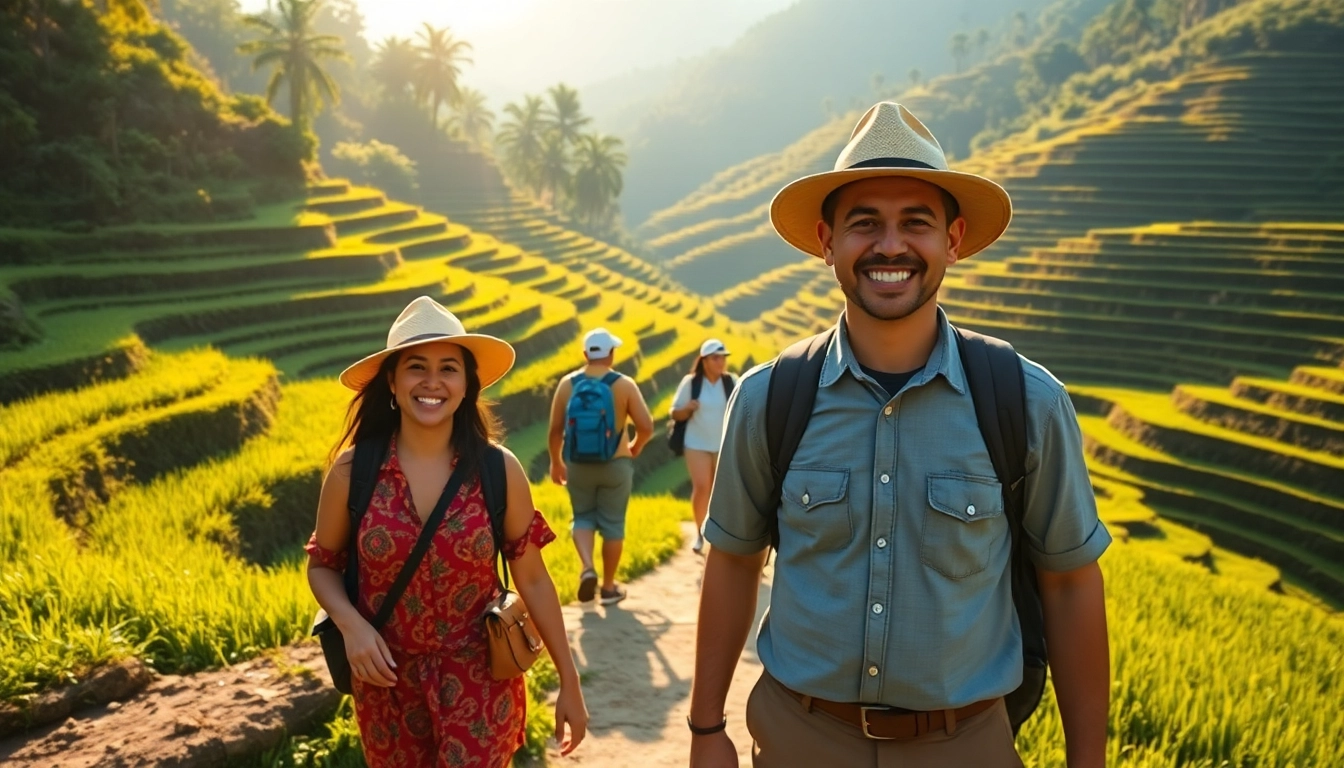 An Indonesian guide leading tourists through scenic rice terraces, illustrating knowledgeable guidance in nature.