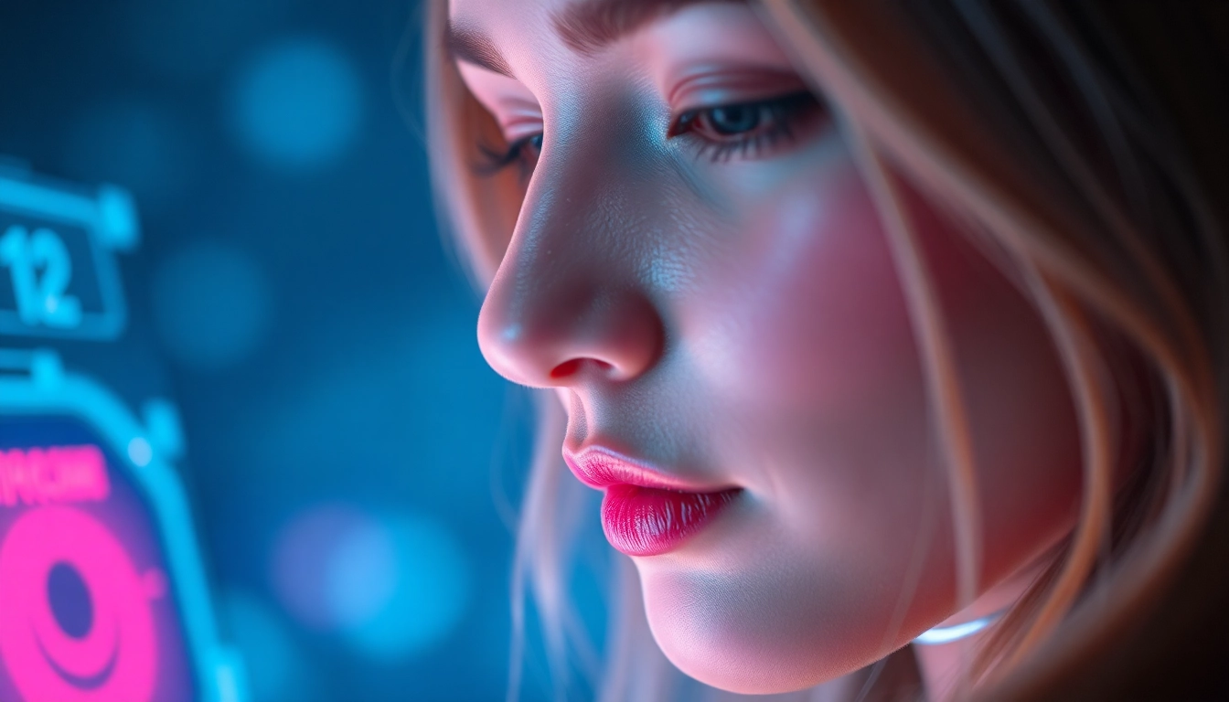 AI girlfriend engaging in a realistic, unfiltered NSFW chat with a sultry expression in a high-tech setting, emphasizing natural interaction and personalization.