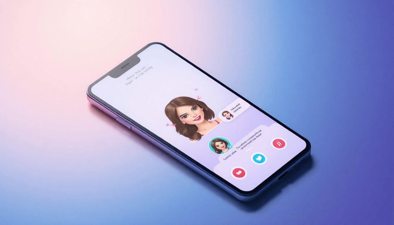 An AI girlfriend app interface showcasing customizable avatars and dynamic chat in a modern digital style, emphasizing personalization and interaction.