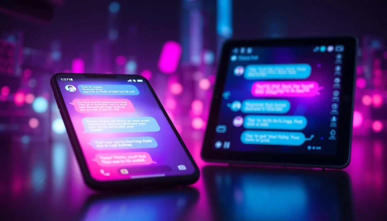 Close-up of smartphones and tablets showing colorful AI chat interfaces with glowing text bubbles.