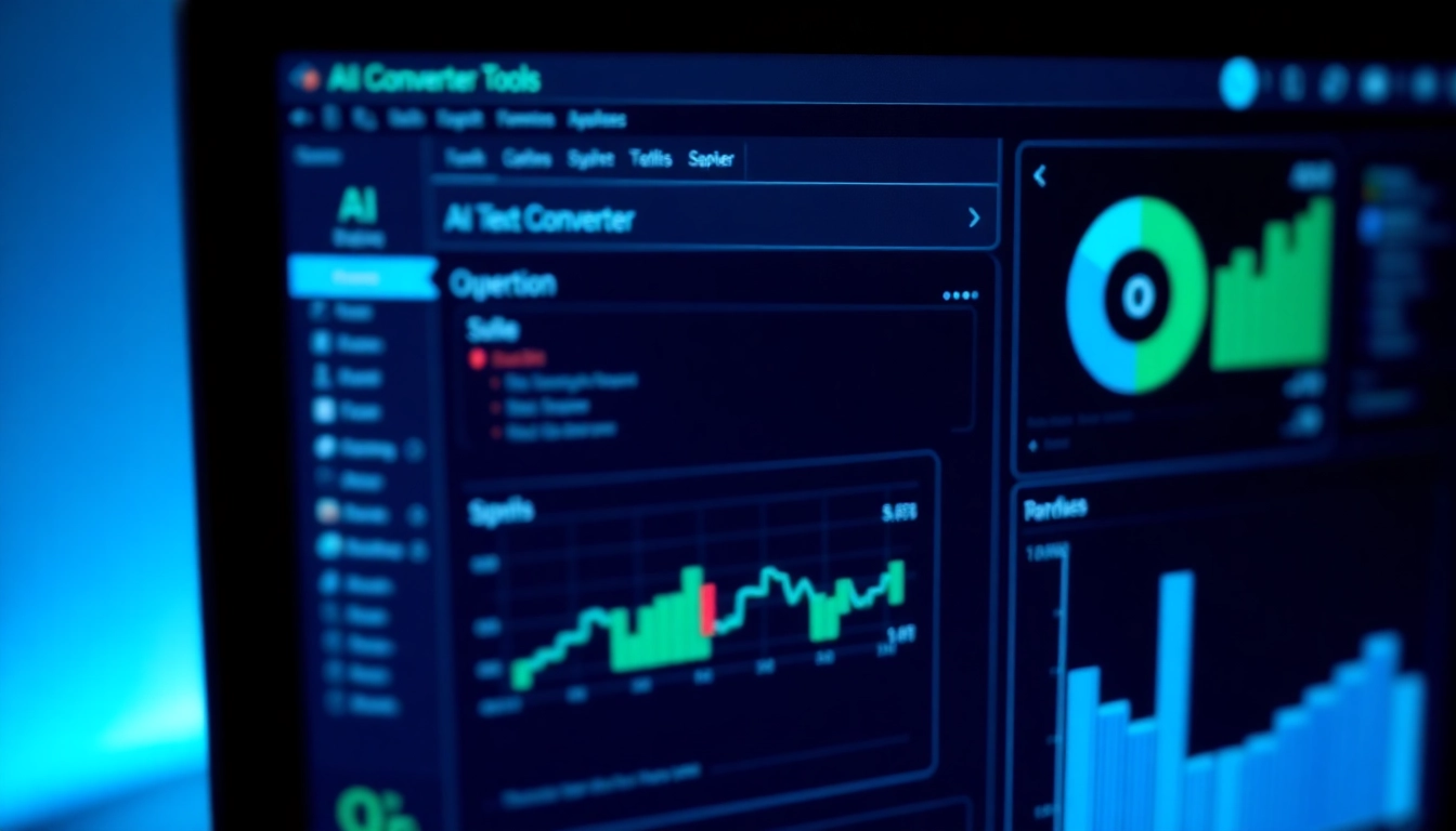 High-tech workspace showing AI text converter tools interface with data visuals for natural